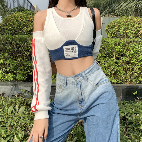 Fashion Stitching Off Shoulder Long Sleeves Short T-shirt K20S09389