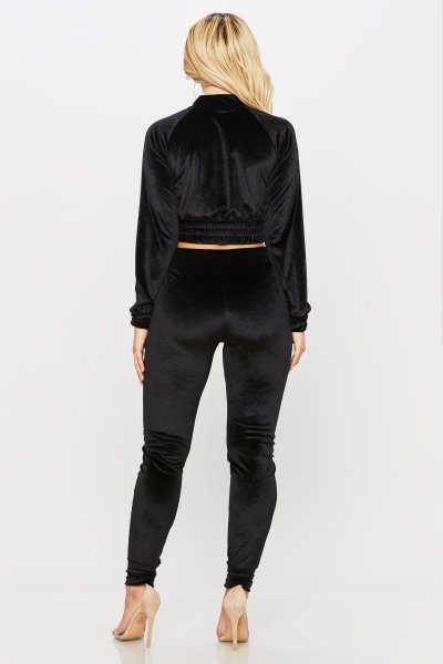 Sexy Velvet Zipper V-Neck Long Sleeves Cropped Top With Trousers Two Piece Sets A3243