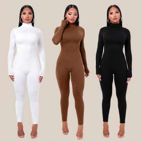 Casual Solid Color High Collar Long Sleeves Skinny Jumpsuit  P003559