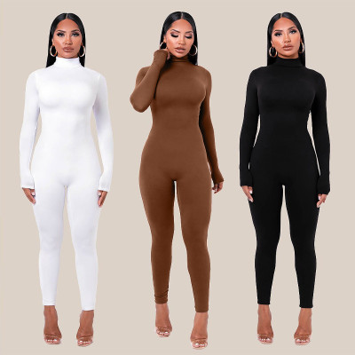 Casual Solid Color High Collar Long Sleeves Skinny Jumpsuit  P003559