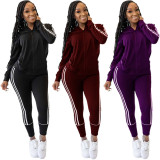Casual Contrast Zipper Long Sleeves Hooded Cardigan With Trousers Two Piece Sets TY1889