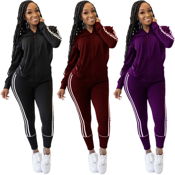 Casual Contrast Zipper Long Sleeves Hooded Cardigan With Trousers Two Piece Sets TY1889