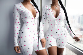Sexy Pattern Printed V-Neck Long Sleeves Short Pants Jumpsuit B3137