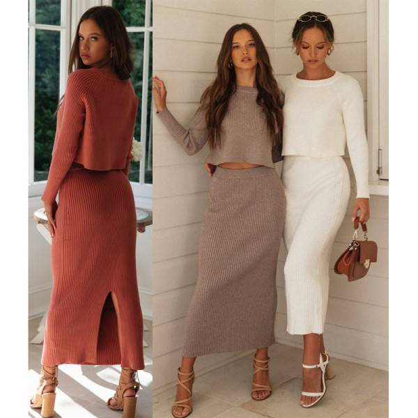 Fashion Solid Color Round Neck Long Sleeves Top With Midi Skirt Two Piece Sets JKW0986