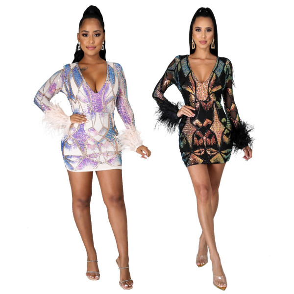 Sexy Printed Sequins V-Neck Long Sleeves Mini Dress CCY8741