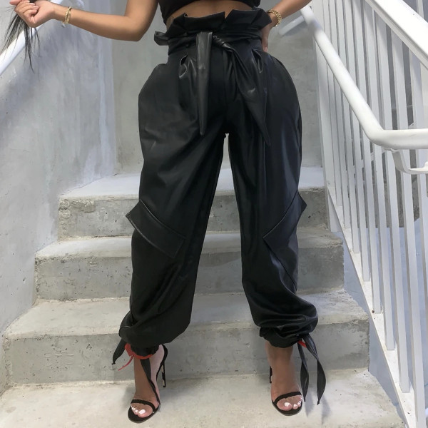 Fashion Leather High Waist Ruffle Legging Long Pants SQ926