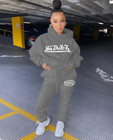 Casual Letter Printed Long Sleeves Hooded Sweater With Drawstring Trousers Two Pieces Sets YX9265