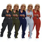 Fashion Solid Color Zipper Long Sleeves Cardigan With Ruffle Trousers Two Piece Sets YF8144
