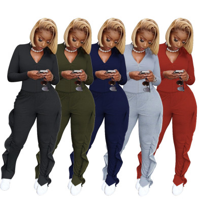 Fashion Solid Color Zipper Long Sleeves Cardigan With Ruffle Trousers Two Piece Sets YF8144