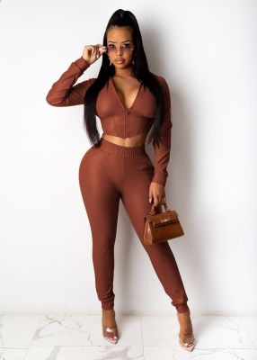 Fashion Solid Color Zipper Long Sleeves Hooded Mini Top With Trousers Two Piece Sets YZ525