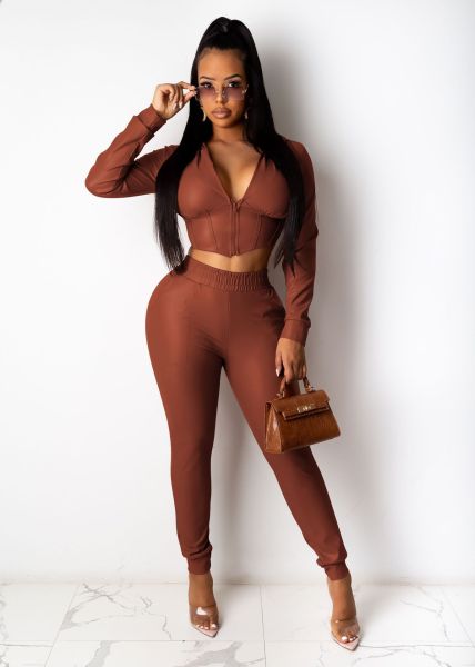 Fashion Solid Color Zipper Long Sleeves Hooded Mini Top With Trousers Two Piece Sets YZ525