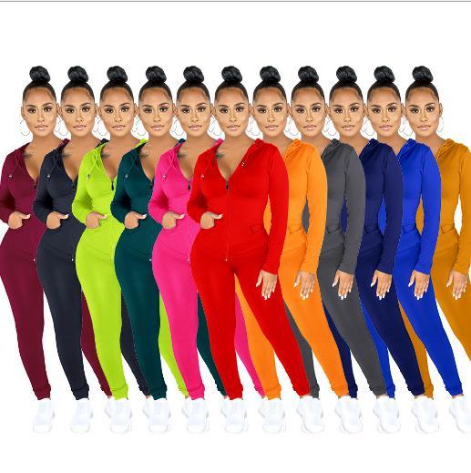 Autumn Solid Color Zipper Long Sleeves Hooded Cardigan With Trousers Two Piece Sets FM53-K1
