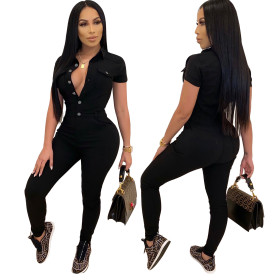 Fashion Button V-Neck Long Sleeves Skinny Jumpsuit JLX8904-2