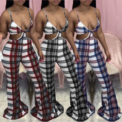 Women Fashion Sexy Plaid Sling Jumpsuit SQ951