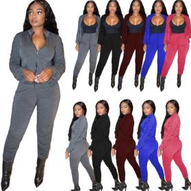Casual Solid Color Zipper Stack Long Sleeves Cardigan With Drawstring Trousers Two Piece Sets HG085