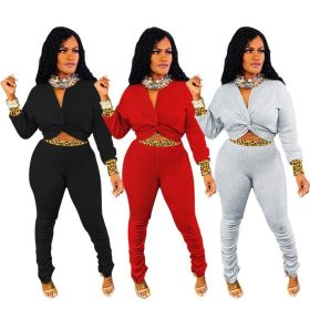 Sexy Leopard Printed V-Neck Long Sleeves Cropped Top With Trousers Two Piece Sets LM1068