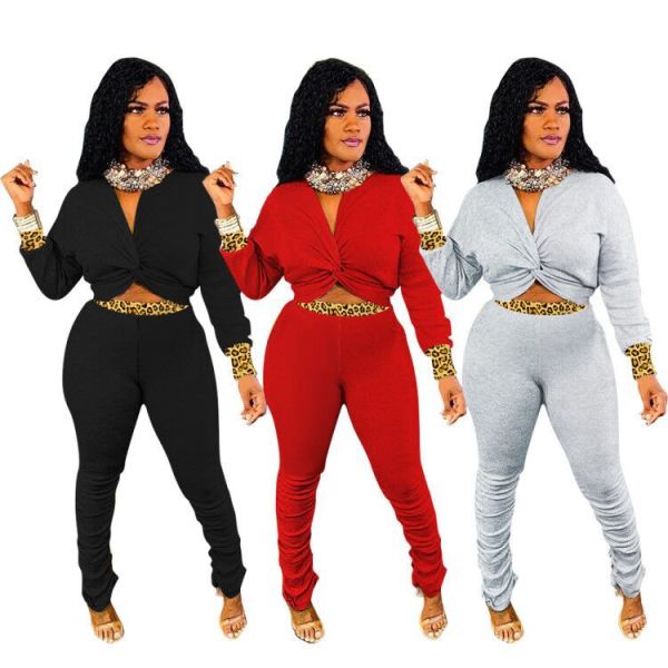 Sexy Leopard Printed V-Neck Long Sleeves Cropped Top With Trousers Two Piece Sets LM1068