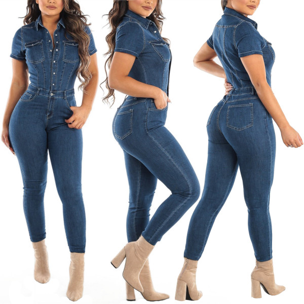 Fashion Denim Turn-Down Collar Short Collar Skinny Jumpsuit  JLX6861