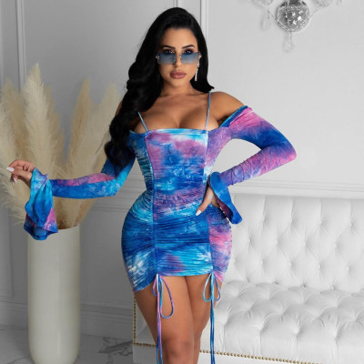 Sexy Printed Off Shoulder Long Flared Sleeves Pleated Drawstring Mini Skinny Dress KNN80001