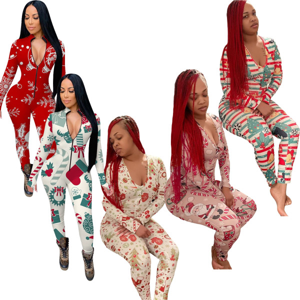 Fashion womens Christmas print V-neck long-sleeved jumpsuit CY1308
