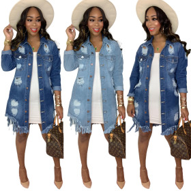 Fashion Hole Tassel Turn-Down Collar Long Sleeves Midi Denim Coat  S390000