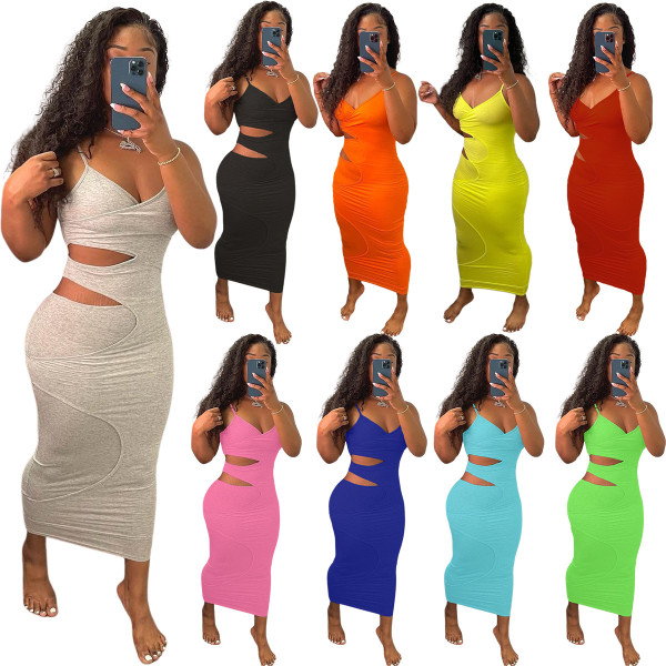 Sexy fashion hollow split-layer sling cotton dress MN9300
