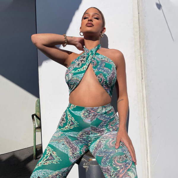 Hollow halter neck wrap chest fashion printed jumpsuit women P134681W