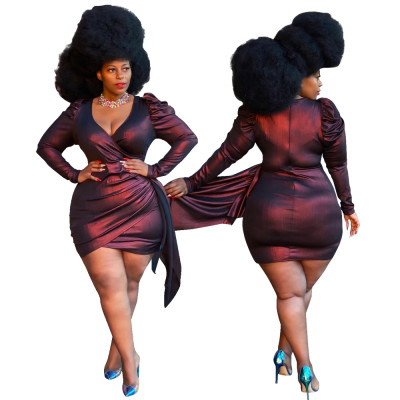 Plus Size Sexy V-Neck Long Sleeves Irregular Mini Dress  YF1427