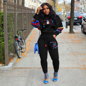 Sports Letter Printed Round Neck Long Sleeves Top With Drawstring Trousers Two Piece Sets YLYR9017