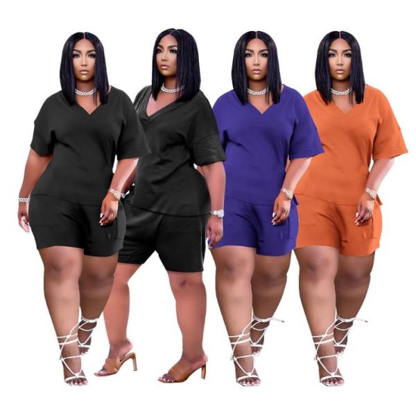 Fashion loose solid color V-neck casual two-piece suit solid color suit with pockets DD8086