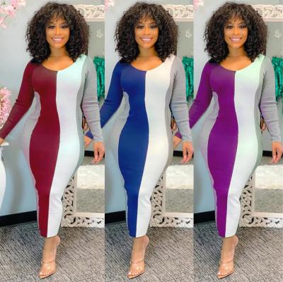 Fashion Contrast Stitching Round Neck Long Sleeves Midi Skinny DRess SM9127