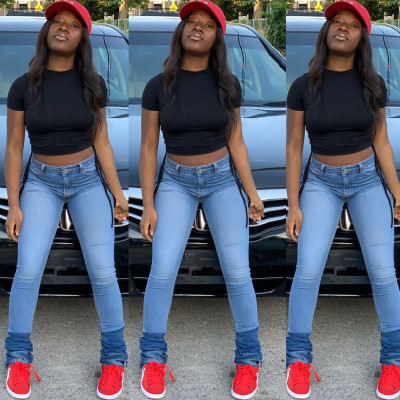 Fashion Solid Color High Waist Stack Pamts Long Jeans  PT7144