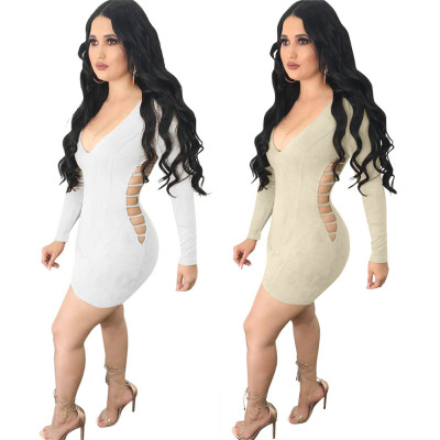 Sexy Solid Color V-Neck Long Sleeves Hollow Out Mini Skinny Dress LS6042