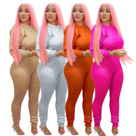 Casual Solid Color Round Neck Long Sleeves Mini Top With Trousers Two Piece Sets MA6270-2