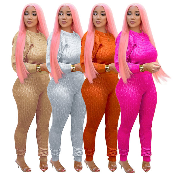 Casual Solid Color Round Neck Long Sleeves Mini Top With Trousers Two Piece Sets MA6270-2