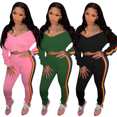Fashion Contrast Stitching Off Shoulder Long Sleeves Cropped Top With Trousers Two Piece Sets OYF823