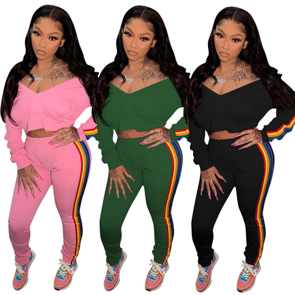 Fashion Contrast Stitching Off Shoulder Long Sleeves Cropped Top With Trousers Two Piece Sets OYF823