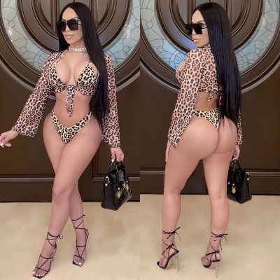 Womens summer new mesh swimwear three-piece leopard print bikini YZ532