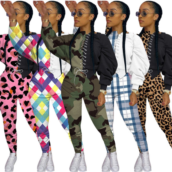 Fashion Camouflage Leopard Printed Strappy Long Sleeves Top With Trousers Two Piece Sets MTY6350