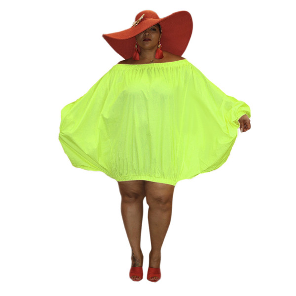 Plus Size Solid Color Off Shoulder Puff Sleeves Mini Dress PP026