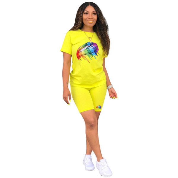 Casual Lips Printed Round Neck Long Sleeves Top With Shorts Plus Size Two Piece Sets TP052