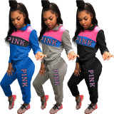 Casual Letter Printed Zipper Long Sleeves Top With Drawstring Trousers Two Piece Sets C3034
