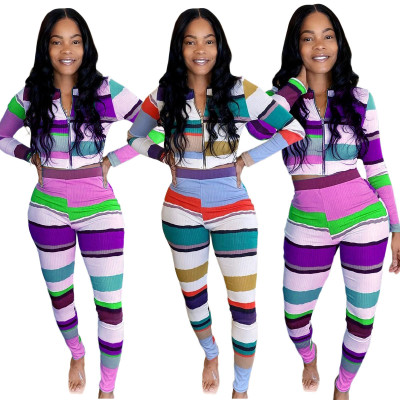 Fashion Contrast Stitching Zipper Long Sleeves Mini Top With T rousers Two Piece SetsTK6138