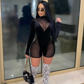 Sexy Velvet Mesh Stitching Round Neck Long Sleeves Short Jumpsuit K20Q10315