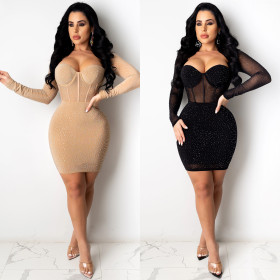 Sexy Mesh Sequins Square Collar Long Sleeves Mini Bodycon Dress XZ3851