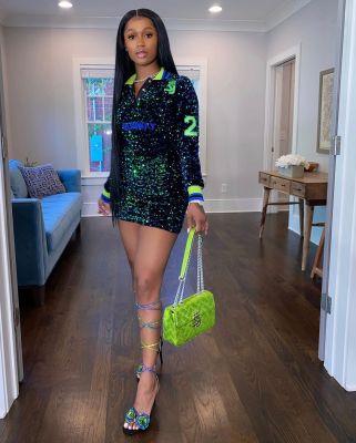 Fashion Sequins Printed Contrast Long Sleeves Mini Dress FLS9694