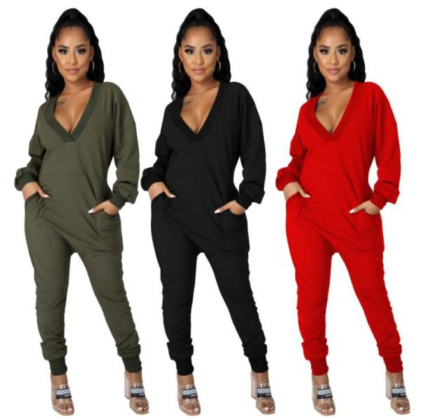 Fashion sexy deep V pocket one-piece harem pants N9259A