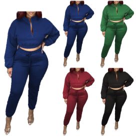 Casual Zipper Long Sleeves Mini Top With Drawstring Trousers Two Piece Sets AA5211