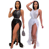 Sexy Sequins Tassel Round Neck Sleeveless Backless Split Long Dress CCY8780