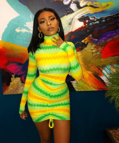 Fashion Tie Dye Printed High Collar Long Sleeves Drawstring Mini Dress MN1061